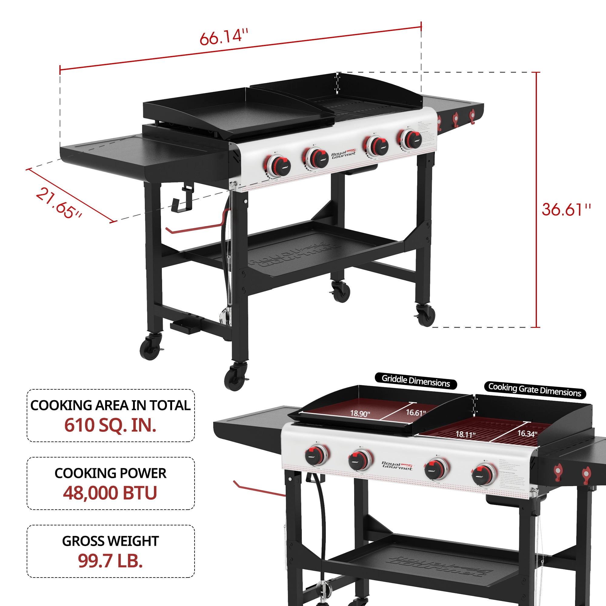 Royal Gourmet GD403 4-Burner Portable Flat Top Gas Grill and Griddle Combo Grill with Folding Legs