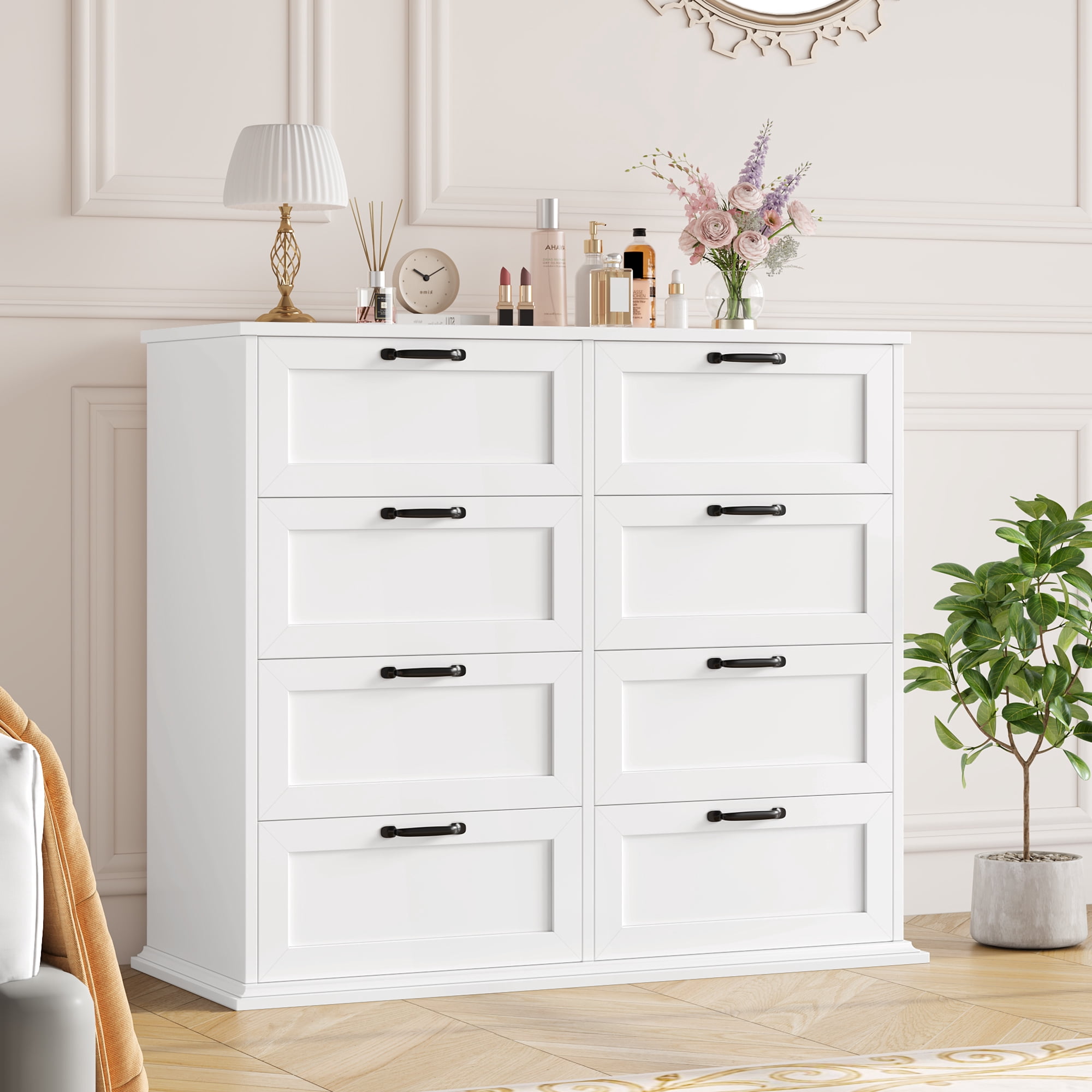 Homfa Horizontal 8 Drawer Dresser, White Wood Storage Cabinet, Double Dresser for Bedroom Living Room