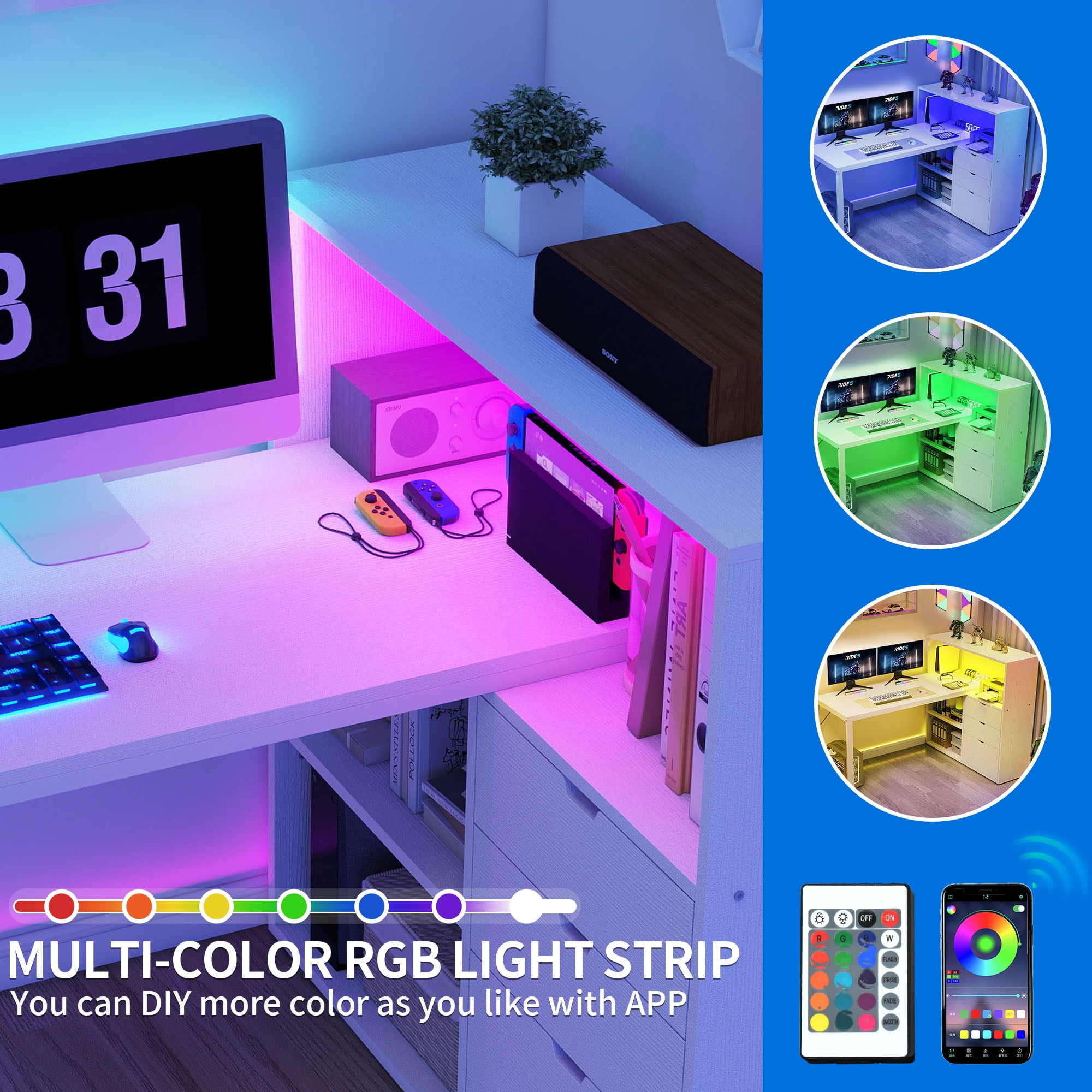 Dextrus L Shaped Desk with Power Outlets & LED Lights, Computer Desk with 3 Drawers and 3 Storage Shelves, White Office Desk Corner Desk for Home Office