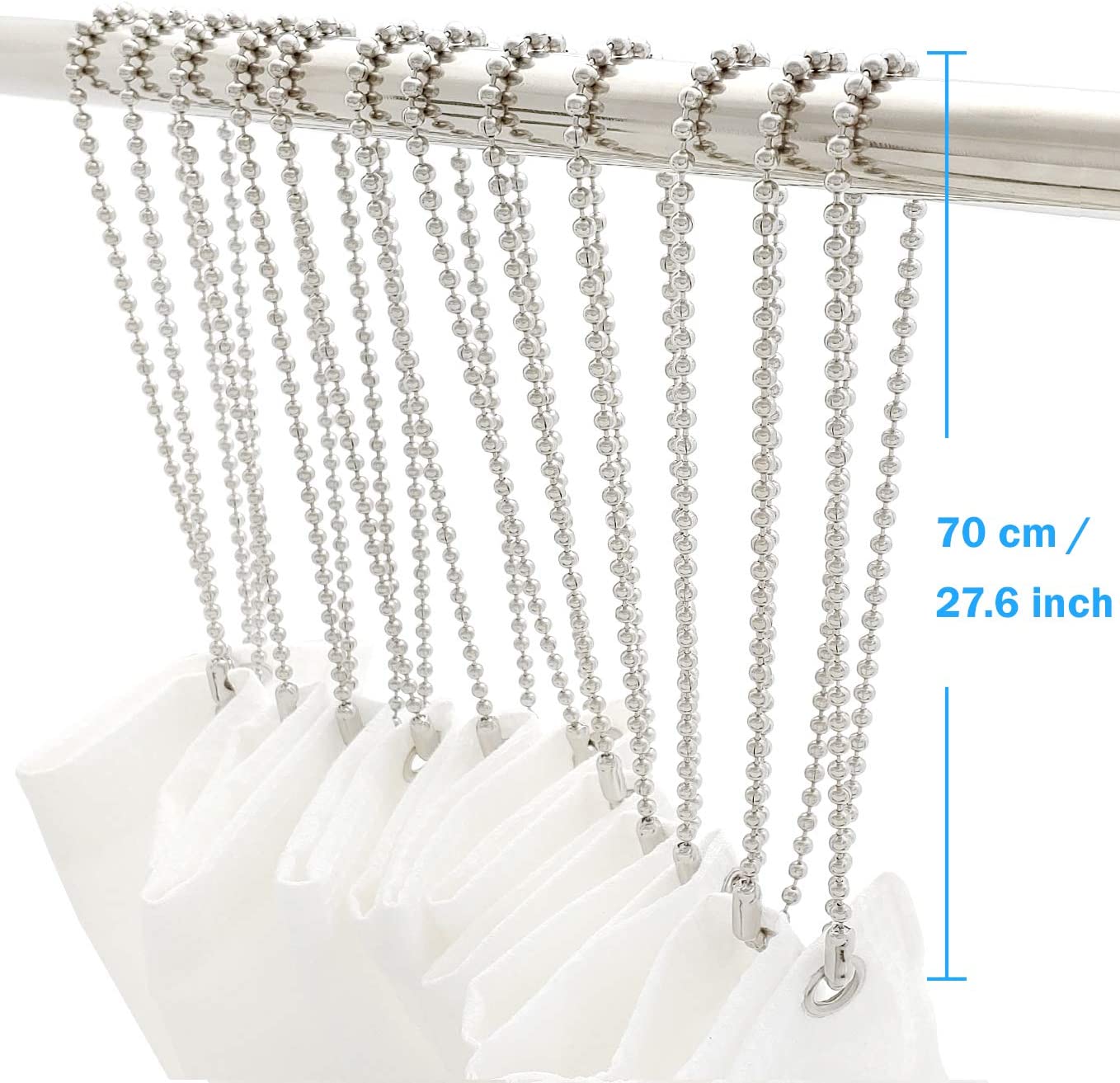 Stainless Steel Shower Curtain Hooks, 55 Inch Ball Chain Design, 12 Pack Rust-Resistant Metal Curtain Rings for Bathroom Rods, Heavy Duty 4.5mm Shower Curtain Hangers