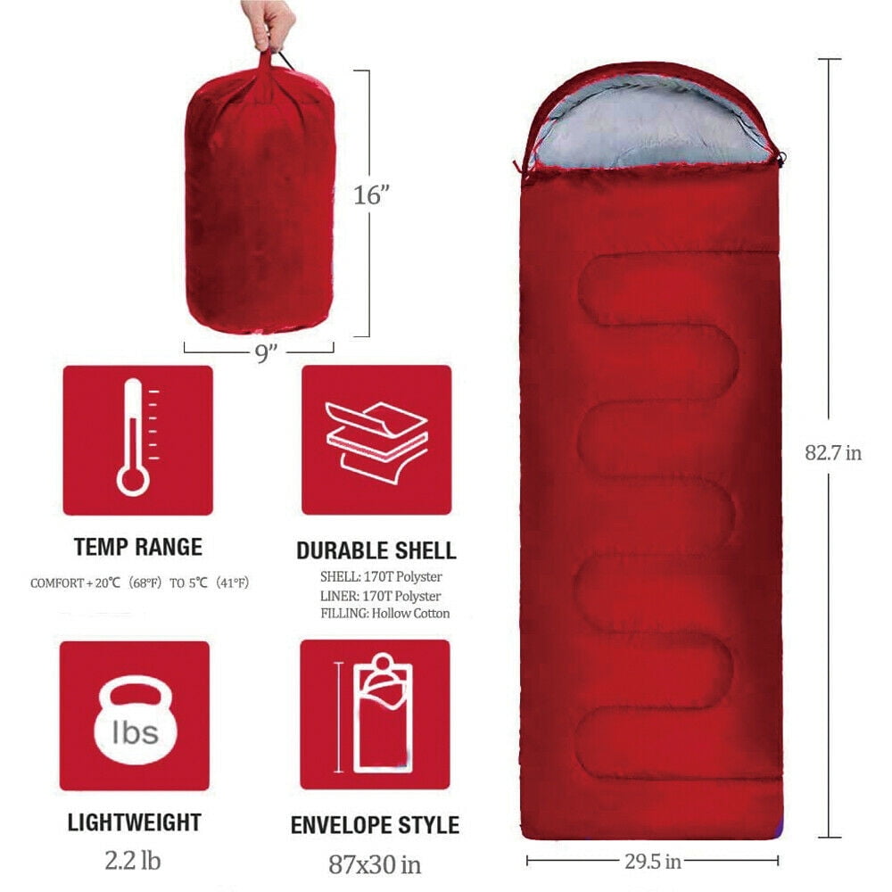 Backpacking Sleeping Bag for Adults Boys and Girls, Cold Weather Kids Sleeping Bag for 3 Season Hiking & Camping, Red