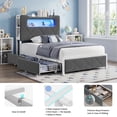 thumbnail image 6 of Hijob Twin Size Bed Frame for Boys/Kids with 2-Tier Storage Headboard, Velvet Upholstered Platform Bed with 2 Storage Drawers, Built in Charging Station & LED, Gray, 6 of 14