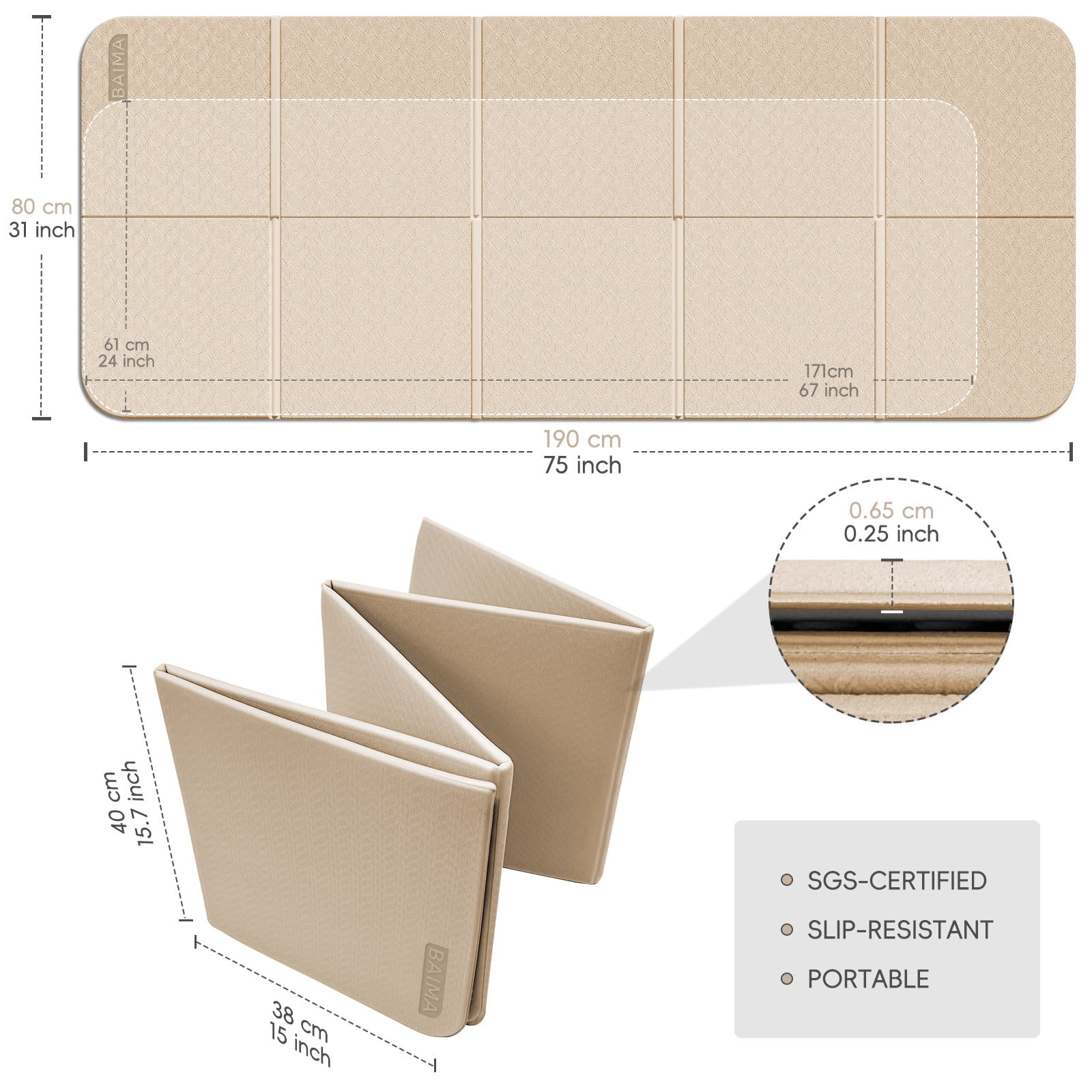 BAIMA Large Yoga Mat Thick Extra Wide and Long , Foldable Portable Travel Square Mats (Milkcoffee +Black)