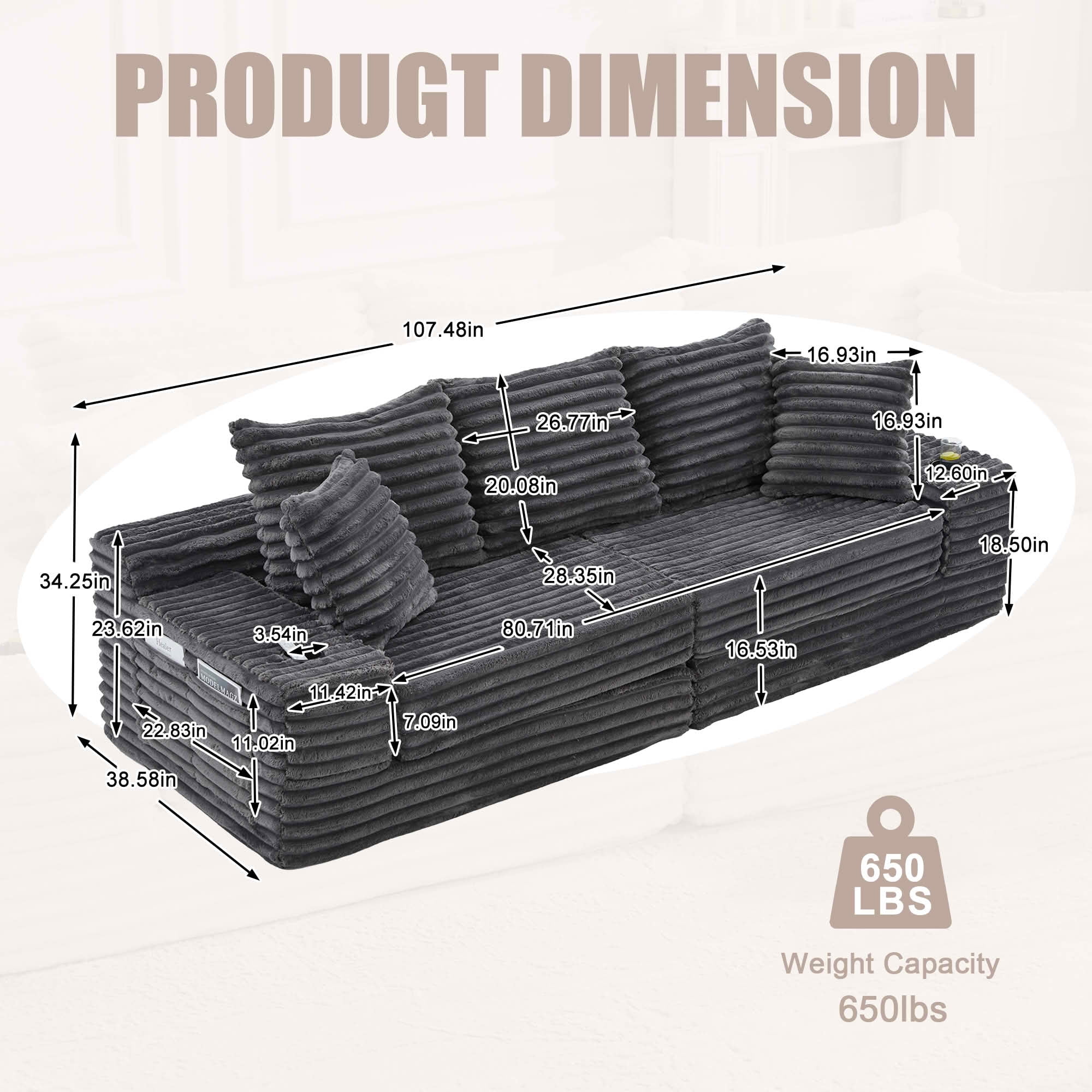MAYEERTY 4-Seater Boneless Cloud Sofa Bed, Breathable Corduroy Upholstered Couch with Pillows, Cup Holders & Side Pockets, No Assembly for Home Small Spaces