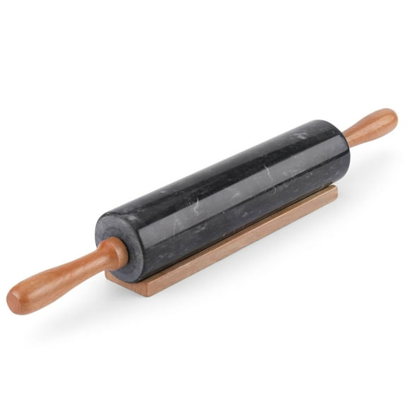 Black Marble Rolling Pin, 10-inch with Wooden Handle and Holder Base Stand, Marble Rolling Pin for Baking Pastry Pizza Dough Roller Fondant Cookie Pie Crust Pasta Bakery Roller Pin