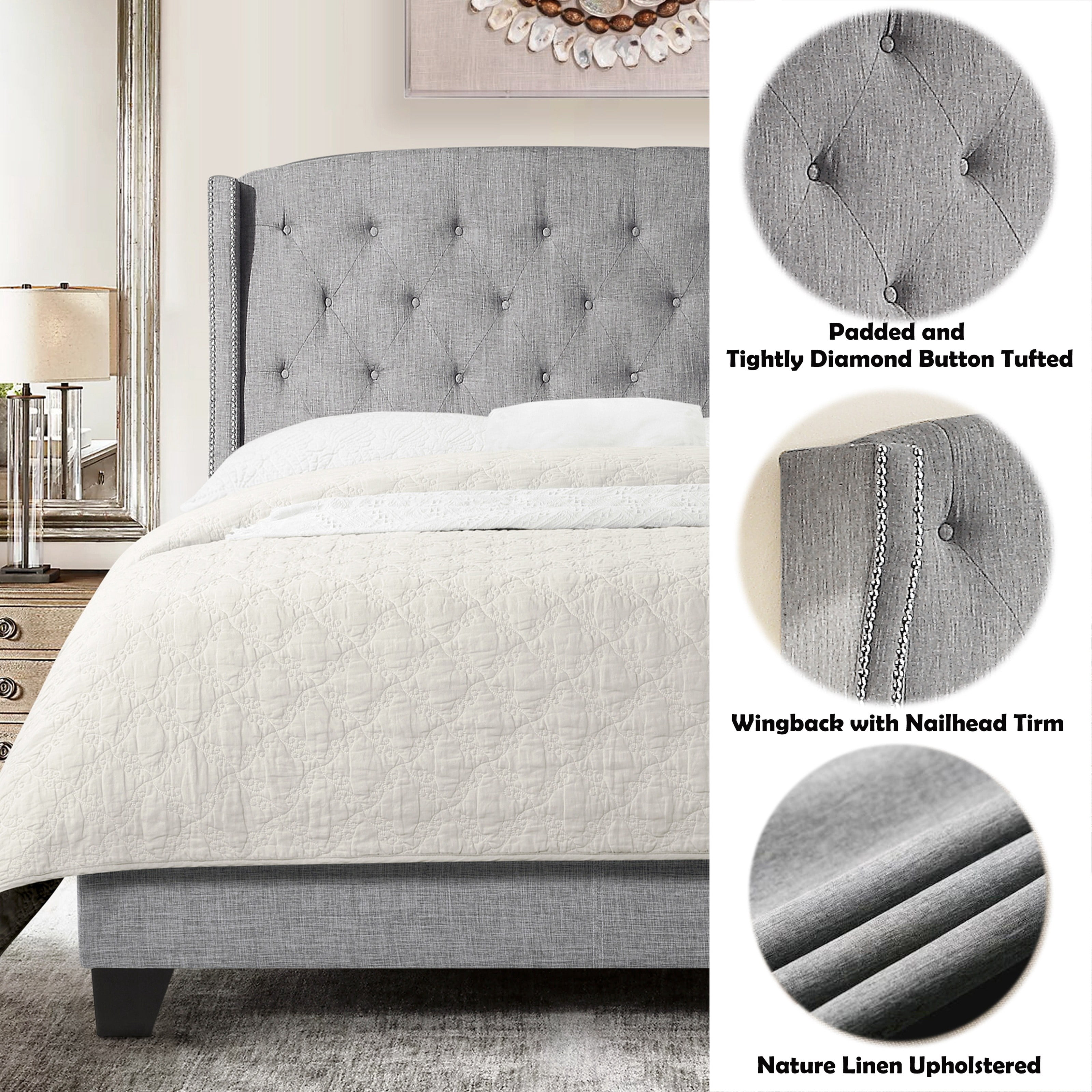 BSHTI Grey Tufted Wingback Full Size Bed, Upholstered Platform Bed Frame with Button Tufted Headboard, Box Spring Needed, Modern Bedroom Furniture
