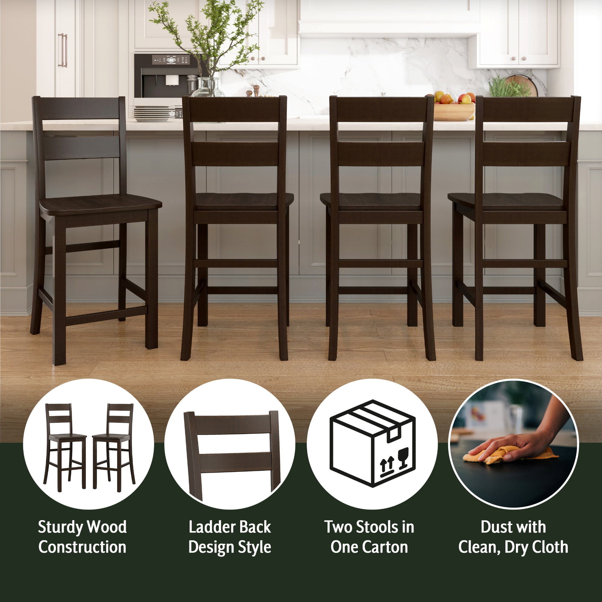 Mainstays Eastwood Full Back Adjustable Height Barstool with Leg Extensions, 2 Pack, Brown