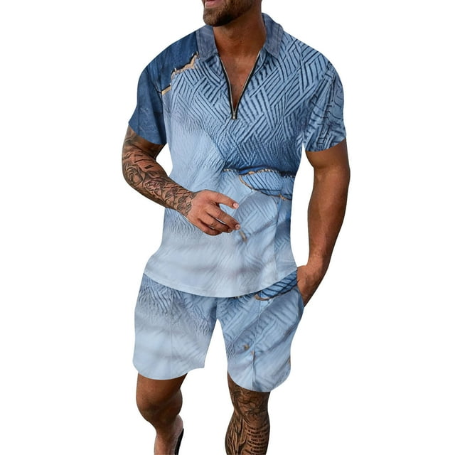 YDLCAFD Men's Casual Striped Gradient Ramp Print Two Piece Suit Zipper Short Sleeve Top Blouse Suit Drawstring Pocket Short Set