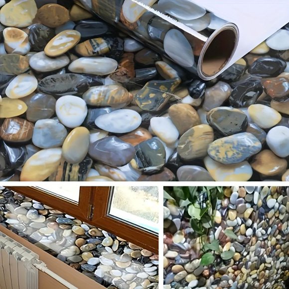 1 Roll | Self-Adhesive Easy-Apply Cobblestone Wallpaper - Durable Gloss Finish, Waterproof, Oil & Heat Resistant - Perfect for Kitchen, Living Room, Bathroom, Bedroom & Furniture Renovation, Hassle-Fr
