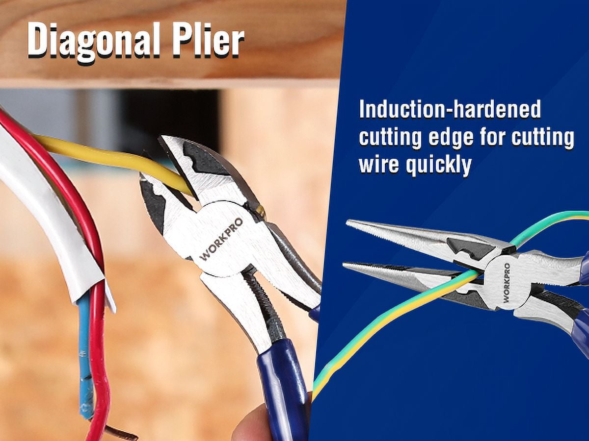 WORKPRO 4-Piece Pliers Tool Kit with Soft Handle Includes 6”Needle Plier,6”Diagonal Plier,8”Slip Joint Plier,8”Groove Plier,for Home Repairing,Plumbing,Electronic Devices & Making Crafts