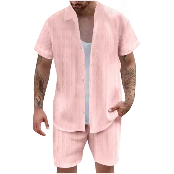 Jessboyy Shorts Sets for Men 2pc Summer Casual Solid Color Button Down Shirts and Shorts Outfits Vacation Beach Travel Clothing Sets 2 Piece Pink,XXL