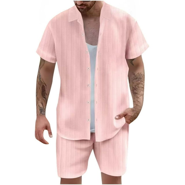 NTACZA 2 Pieces Shorts Set Men Button Down Casual Short Sleeve Tracksuits Mens Lapel Beach Sweatsuits XL
