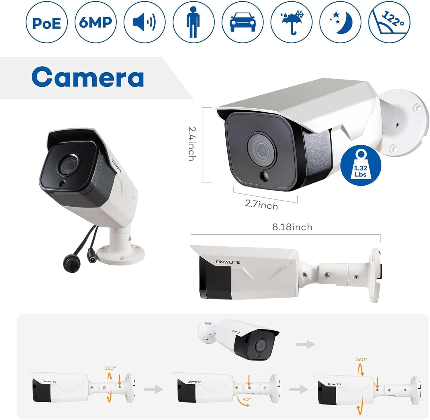 ONWOTE 6MP Super HD PoE IP Security Camera with Audio, Smart AI Human Detection, 3072x2048 6 Megapixels, Indoor/Outdoor, 100ft IR, IP66, Add on Camera to PoE NVR or Switch