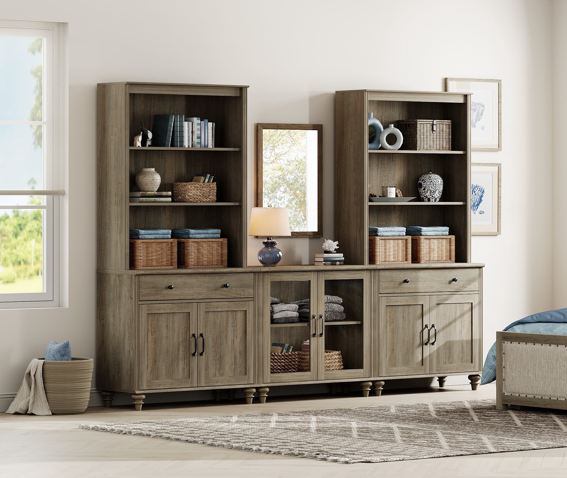 Farmhouse Bookcase With Doors & Drawers, Wash Gray, 101.6" W