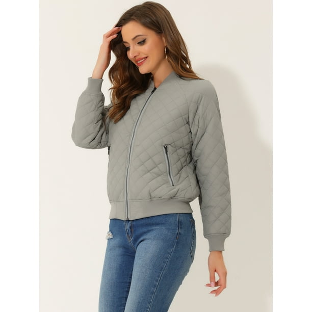 Allegra K Women's Stand Collar Zip Up Raglan Sleeves Bomber Quilted Jacket Gray S