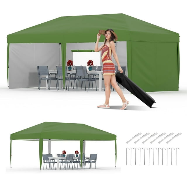 Ourlova Tente à Auvent Commerciale Escamotable 10 Pieds X 20 Pieds, 4 Parois Latérales, 12 Piquets, 6 Sacs de Sable