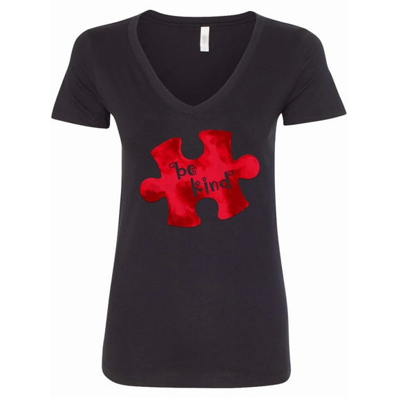 Inktastic Autism Awareness Be Kind Red Puzzle Piece Women's V-Neck T-Shirt