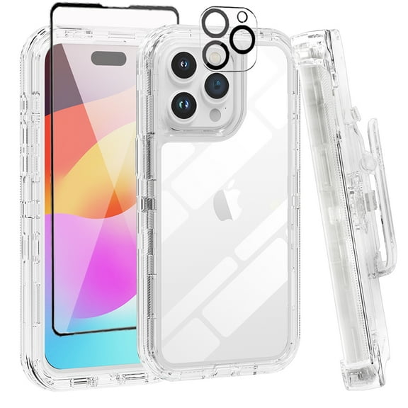 TASHHAR for iPhone 15 Pro Case with Screen and Lens Protector and Belt Clip Holster 3 in 1 Reinforced Bumper Shockproof Non-Yellowing Crystal Clear Case iPhone 15 Pro 6.1 inch 2023 Phone