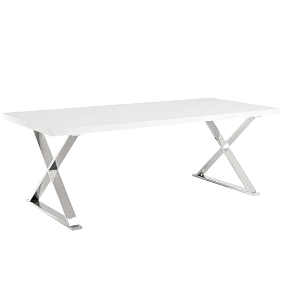 Pemberly Row 87" Wood & Stainless Steel Cross Base Dining Table in White/Silver