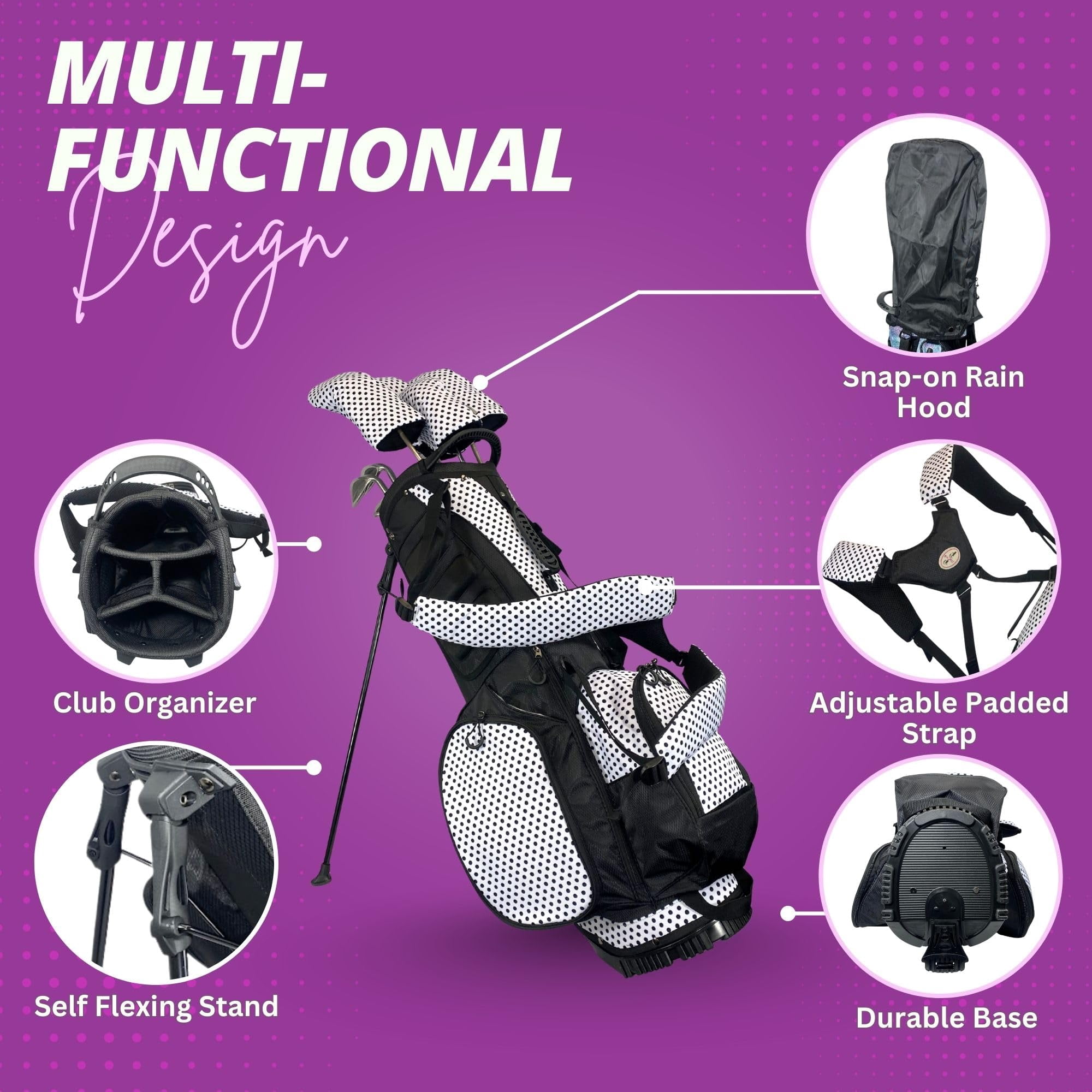 Women's Lightweight 4-Way Women's Golf Stand Bag | Taboo Fashions Stand Bag | Range Bag, Par 3, Executive Course | Self Flexing Stand, Adjustable Strap (Black Tie Polka Dots)