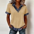 thumbnail image 2 of Resicozy Denim Shirt for Women Short Sleeve Denim Top Collared V Neck Buttons Decor Dressy Casual Blouses Khaki 2XL, 2 of 6