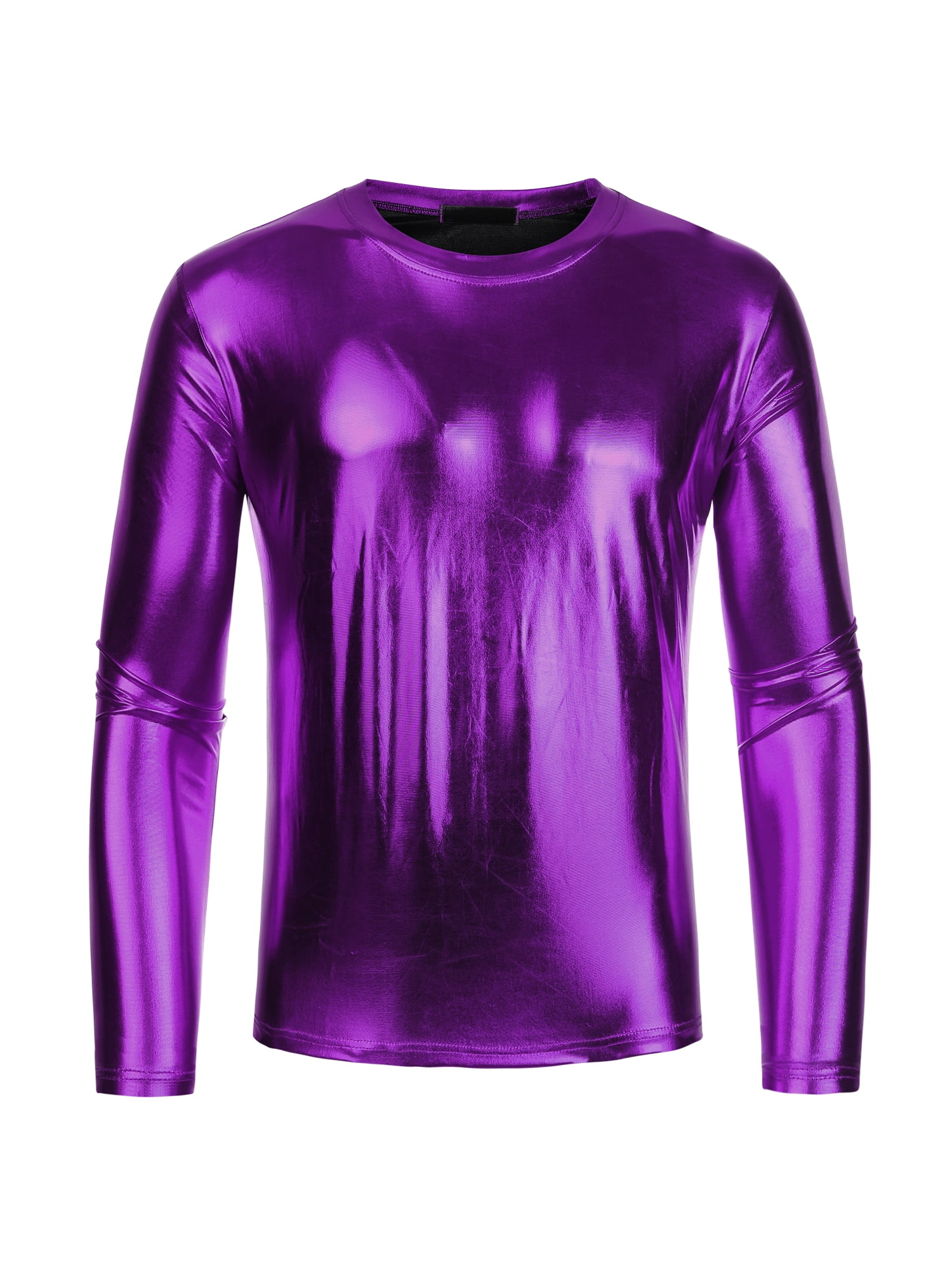 Unique Bargains Men's Metallic T-Shirt Round Neck Long Sleeve Shining Disco Tee Top S Purple