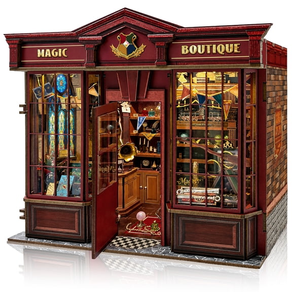 MOJINO Book Nook Kit for Adults, Magic Boutique DIY Miniature House Kit with LED Light, 3D Puzzle Bookshelf Decor
