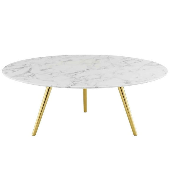 Modway Lippa 40" Round Artificial Marble Coffee Table with Tripod Base in Gold White