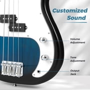 Costway 45.5” Electric Bass Guitar with Double Pickups, Open-gear Tuning, Gig Bag, Rope Blue + White