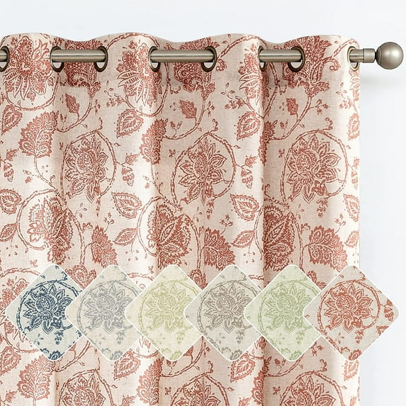 JINCHAN Linen Floral Printed Curtains Grommet Top Scroll Medallion Design Drapes Retro Window Curtain 2 Panels for Living Room Red on Beige W50 x L96