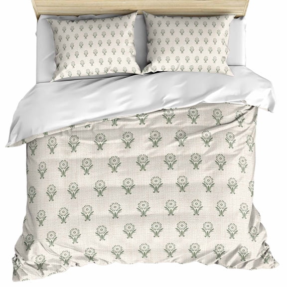 Bohemia Bedding 3 Piece Duvet Cover Set California King, Green Flowers Abstract Boho Beige Soft Microfiber Comforter Cover with Zipper Closure & Pillowcases, Wrinkle & FadeResistant Quilt Cover