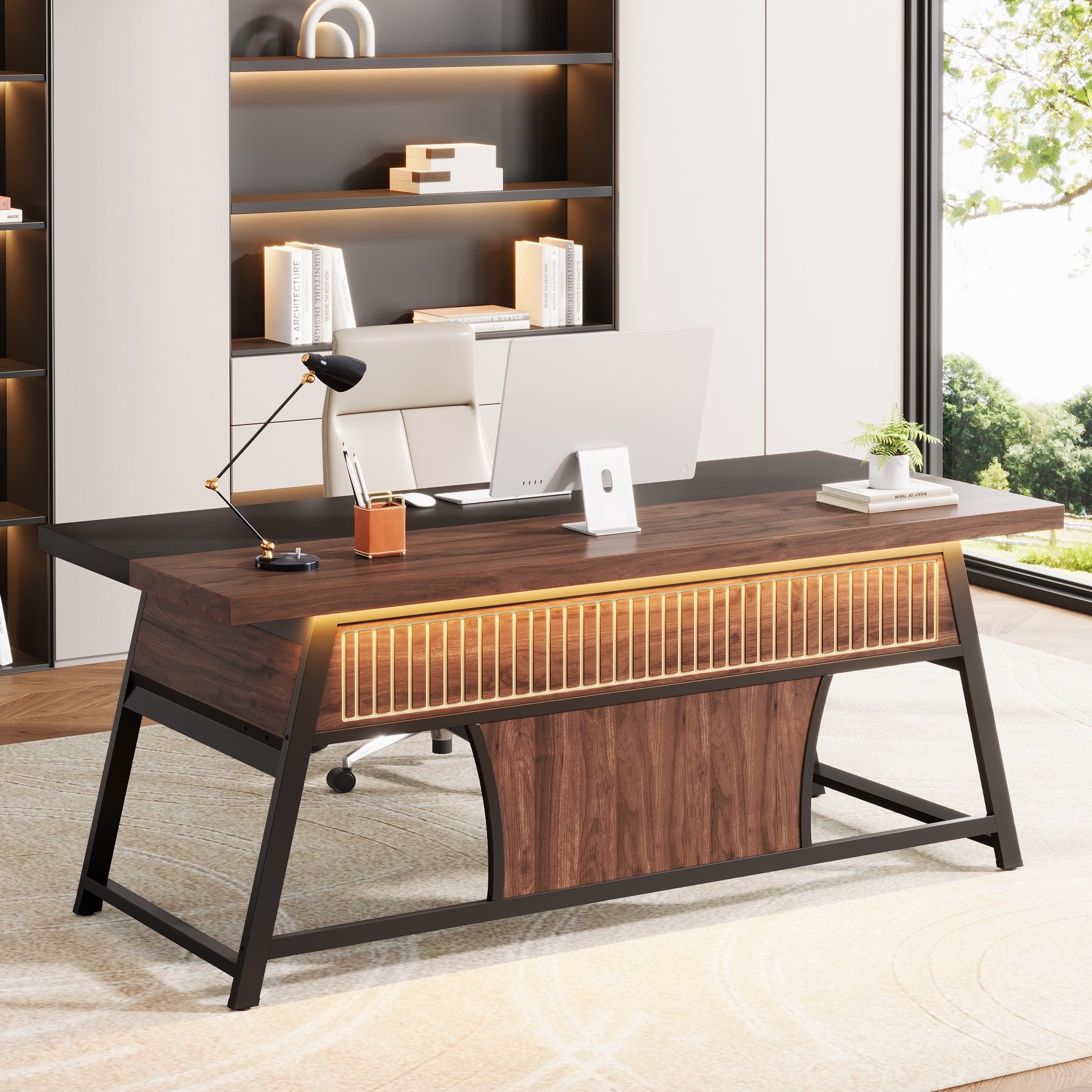Condemo 63 Inch Executive Office Desk, Large Computer Table with Metal Frame & Storage Shelf, Study Writing Workstation with LED Light, Modern Business Furniture for Home Office, Walnut and Black