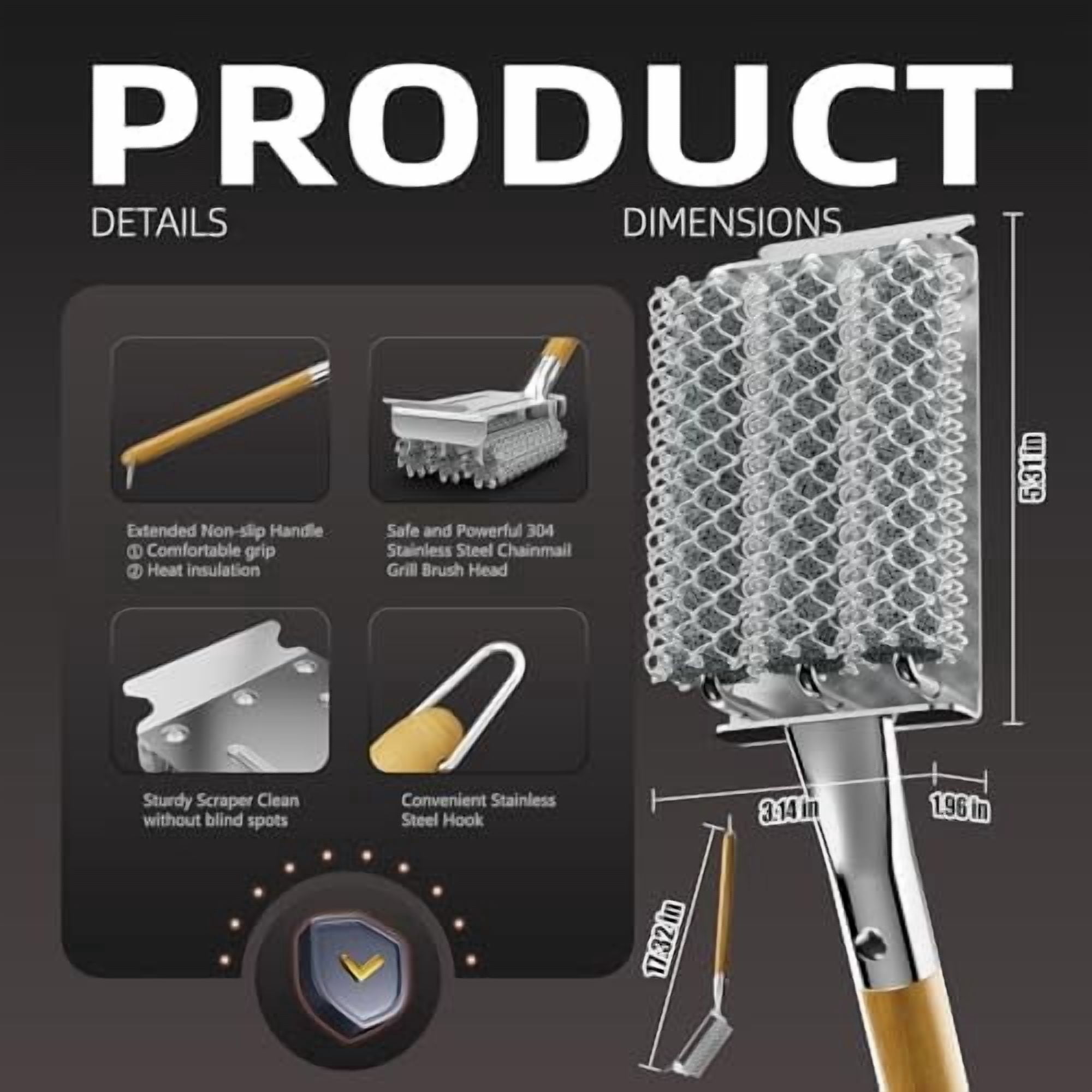 RibRave Grill Brush and Scraper Bristle Free with 3 Replacement Head 304 Stainless Steel Food-Grade Grill Accessories, Safe BBQ Cleaner Brush Strong Barbecue Cleaning Brush for Outdoor Grill Grate
