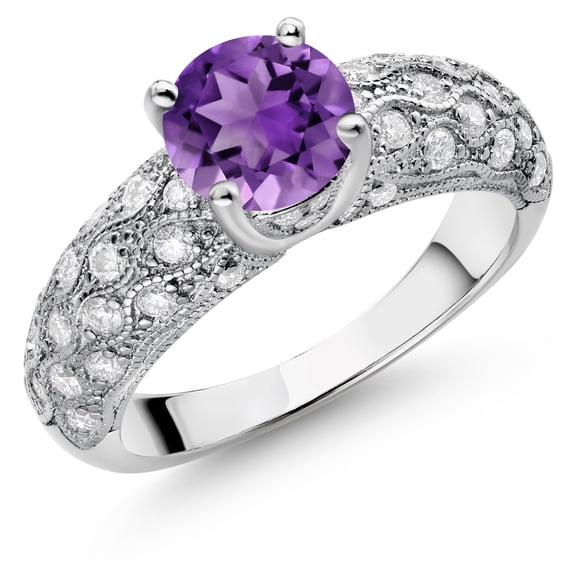 Gem Stone King 925 Sterling Silver Purple Amethyst and White Moissanite Engagement Ring for Women (1.54 Cttw, Round 7MM, Gemstone February Birthstone, Size 5)