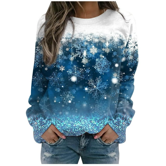 IROINID Liquidation Chandail à Capuchon de Noël pour Femmes Imprimé Col Rond Chandail Manches Longues Blouse Confortable Chandail en Molleton, Bleu