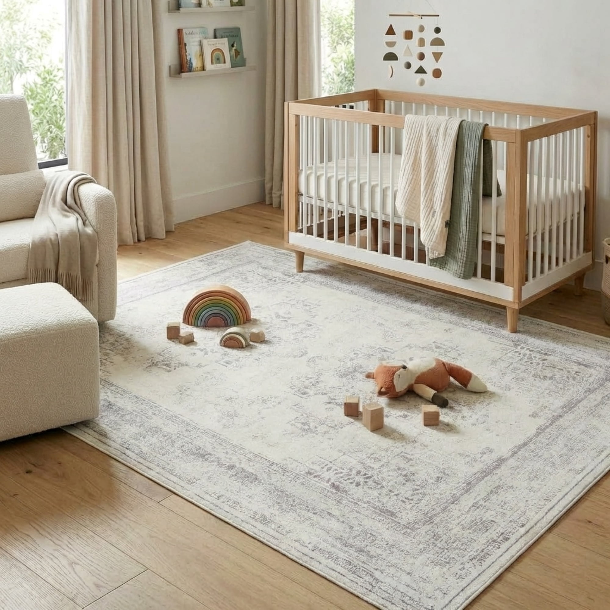 LR Home Brooke 7'10" x 9'10" Gray/Off White Double Medallion Waterproof Non-Slip Machine Washable Indoor Area Rug