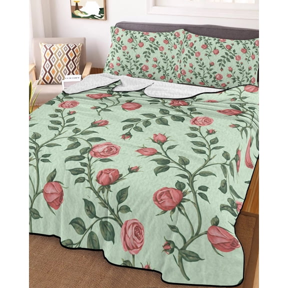 Spring Roses Botanical King Size Down Alternative Comforter, Lightweight Comforter Quilt Bedding Set with Pillow Shams Farmhouse Floral Green All Seasons Bed Comforter Duvet Insert 96"x106"