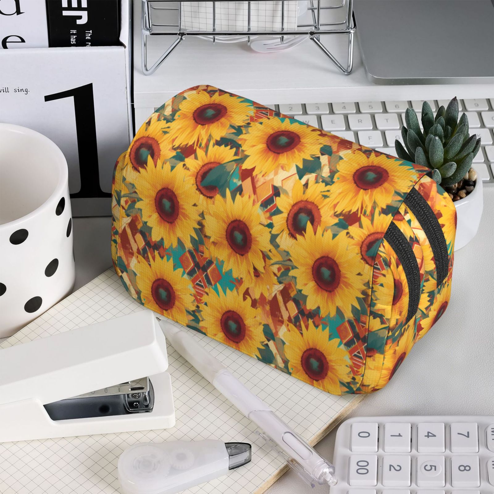 Rateoe Colorful Bohemian Sunflower Pattern Double Clamshell Pen Case, Storage Organizer with Two Zipper Compartments– Holds Up to 50 Pencils & Pens