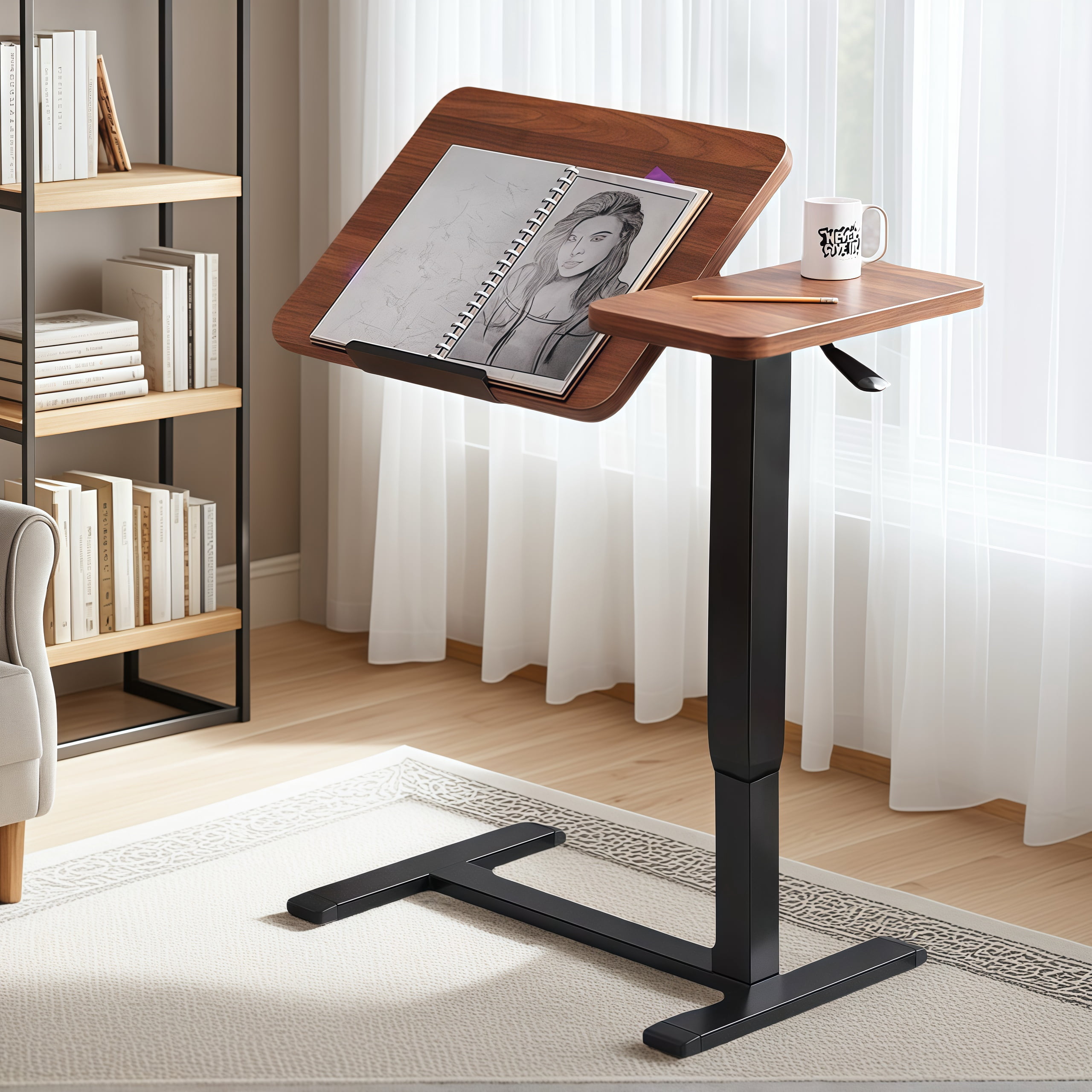 Leumius Adjustable Overbed Bedside Table With Wheels,Mobile Rolling Laptop Stand Tilting Tray Table for Bed,Sofa,Hospital,Walnut