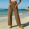 thumbnail image 2 of Htigea Womens Straight Leg Gauze Pants Elastic Waist Cotton Linen Slacks Summer Lightweight Beach Vacation Pant with Pockets Coffee M, 2 of 6