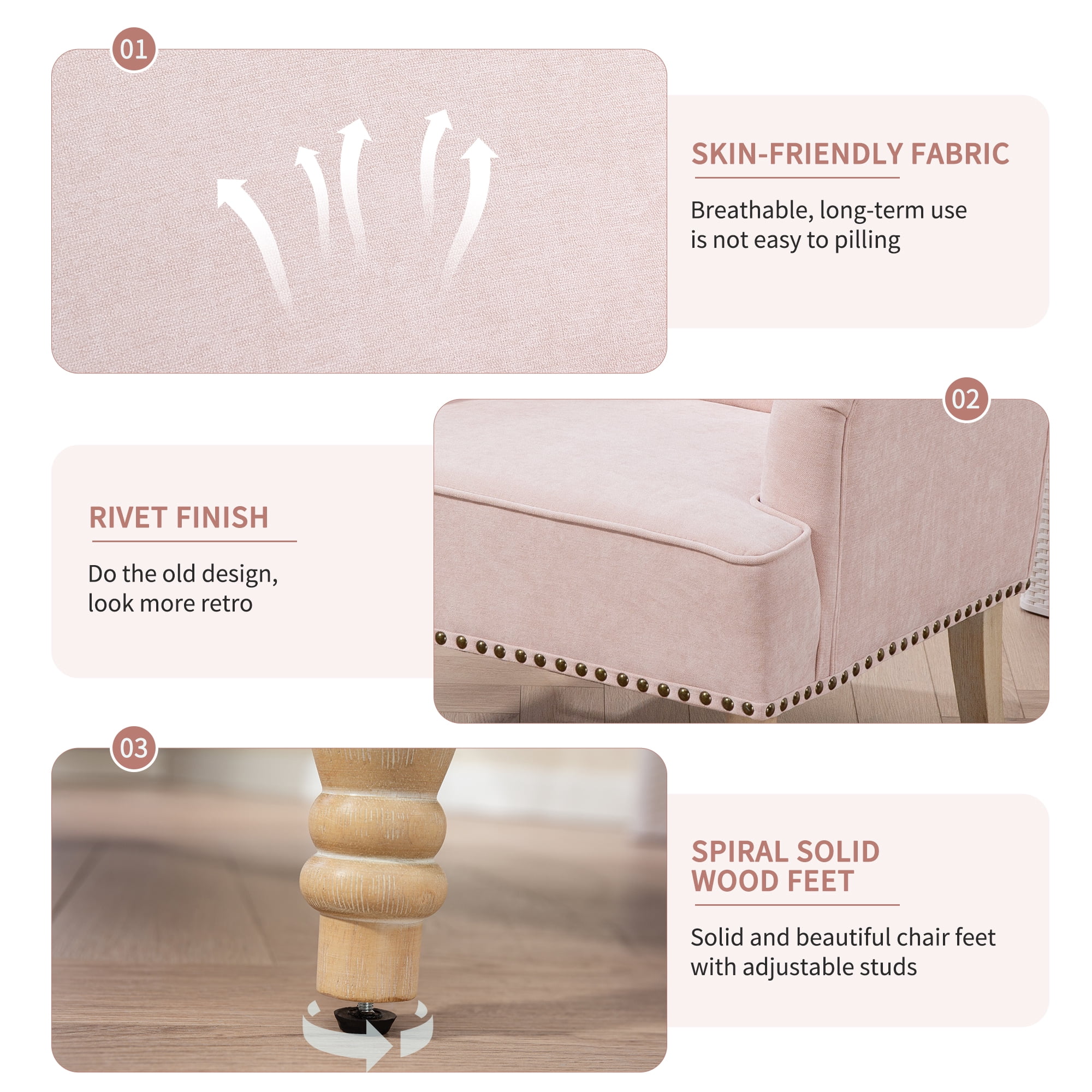 MOONMISS Modern Accent Chair Capacity Retro Wood Legs Nailhead Trim Comfy Upholstered Armchair for Living Room Bedroom,Light pink