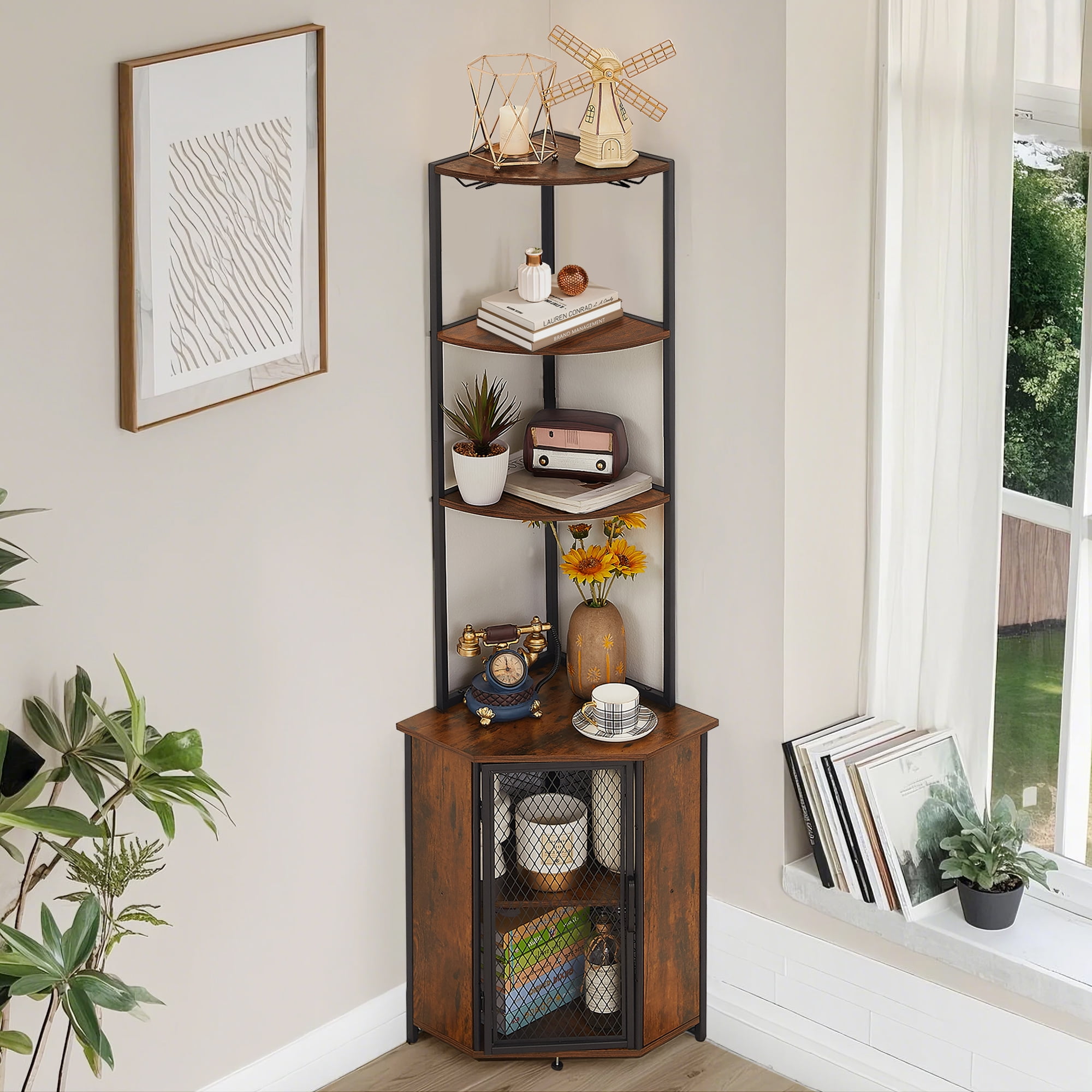 VECELO 6-Tier Corner Shelf with Storage Cabinet, Rustic Corner Bookshelf Stand Storage Rack Plant Stand for Living Room, Home Office, Kitchen, Small Space, Brown
