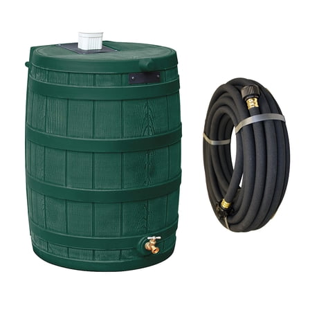 Good Ideas Rain Wizard 50 Gallon Plastic Rain Barrel, Green Bundled with 50' Soaker Hose