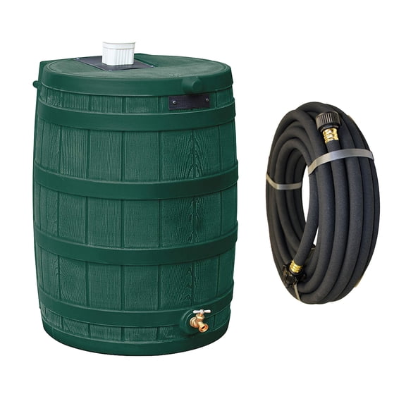 Good Ideas Rain Wizard 50 Gallon Plastic Rain Barrel, Green Bundled with 50' Soaker Hose