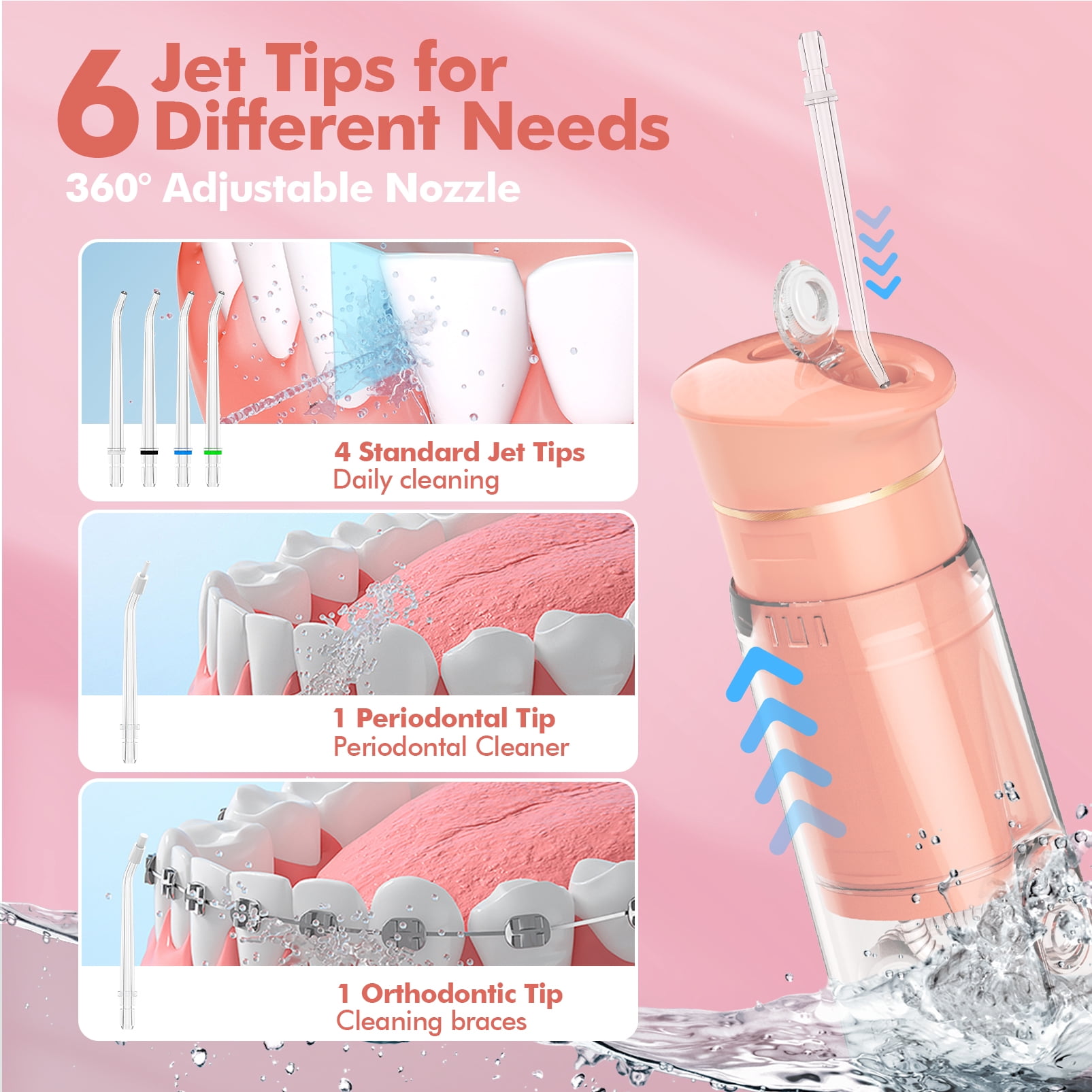 Bezvoi Water Flosser Cordless Travel, Mini Oral Irrigator with Telescopic Water Tank, 5 Modes, 6 Jet Tips, IPX7 Waterproof Electric Portable Water Teeth Cleaner Picks for Braces Bridges Care