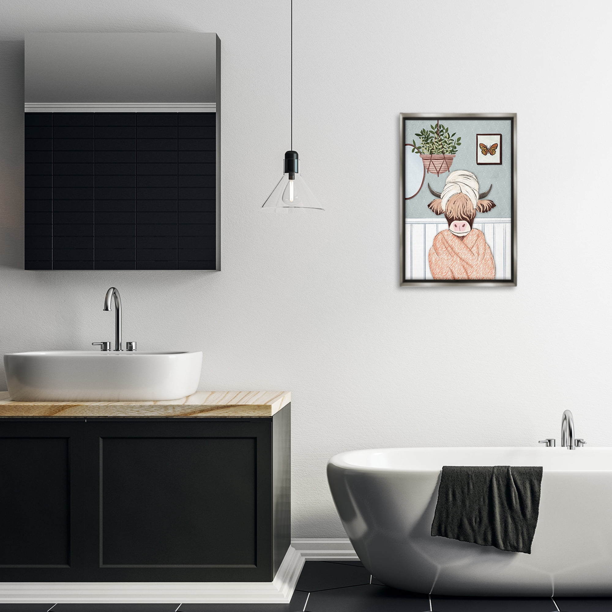 Stupell Industries Highland Cow Bathrobe Typography Painting Gray Floater Framed Canvas Art Print Wall Art, 17 x 25