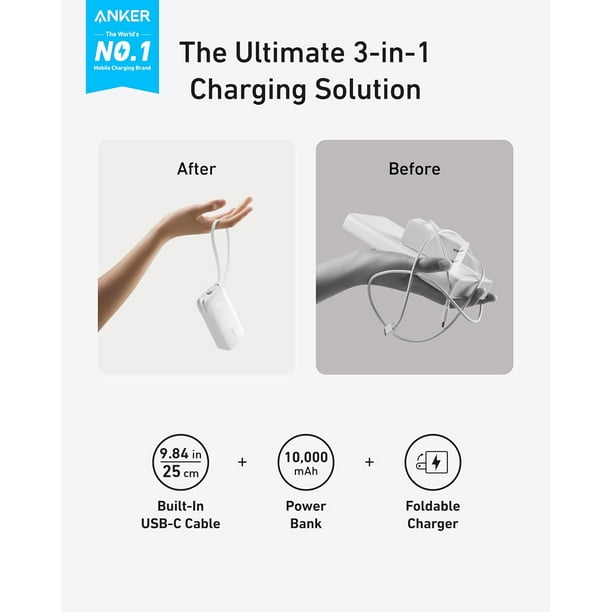 Anker 3-in-1 Portable iPhone Charger, 10,000mAh Power Bank with Built-in  USB-C Cable and Foldable AC Plug - Walmart Business Supplies
