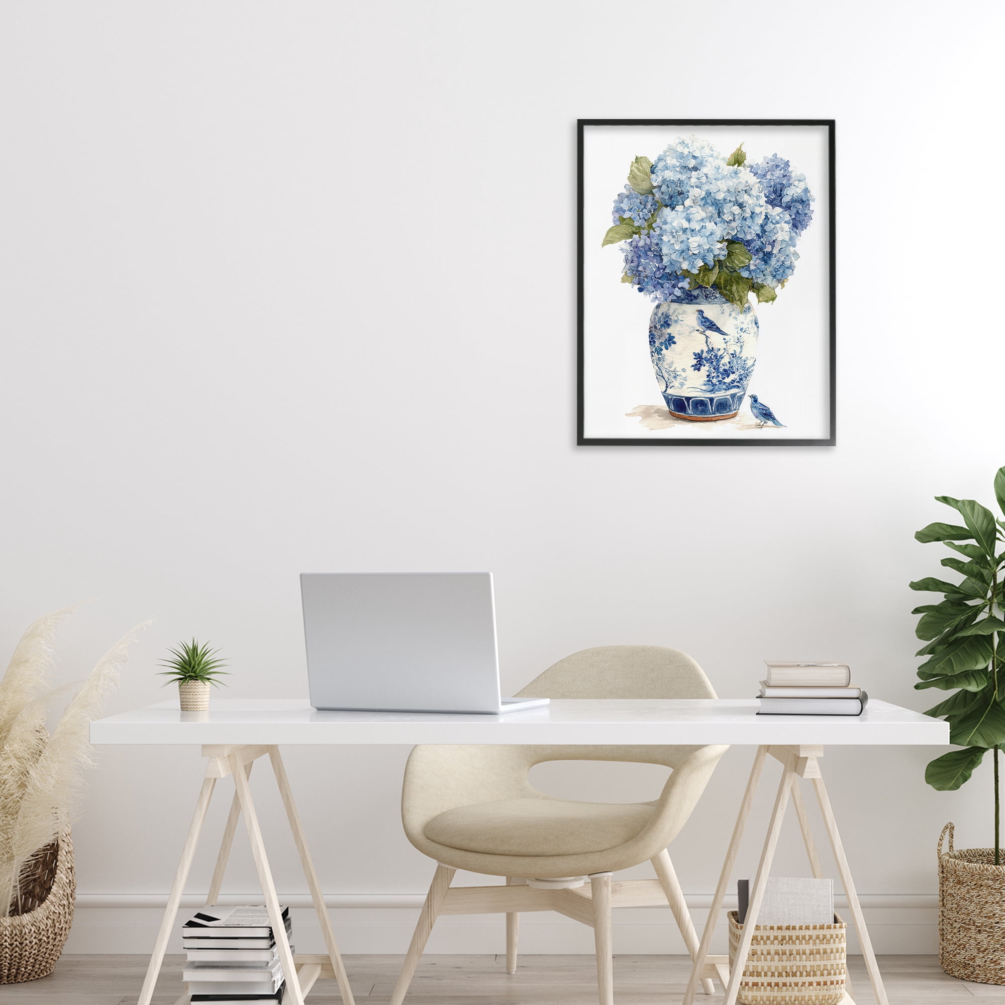 Stupell Industries Blue Bird & Hydrangea Vase Black Framed Giclee Art, design by Imagine It Images