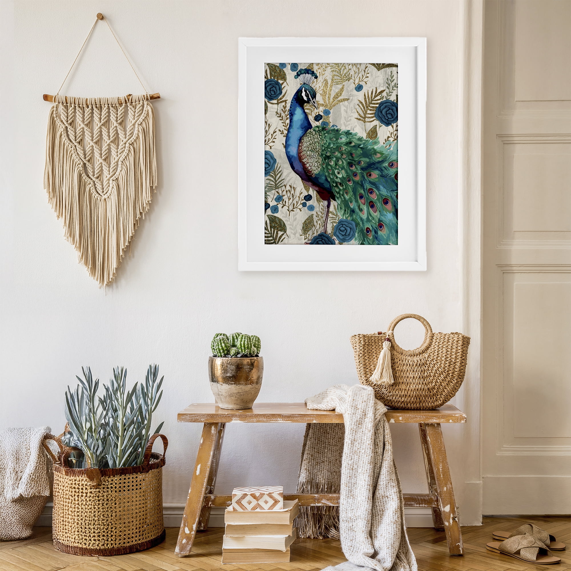 Stupell Industries Rococo Peacock Pride White Framed Print Under Glass, design by Kim Allen