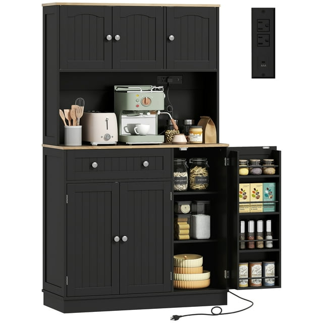HOMCOM 68" Pantry Cabinet, Kitchen Cupboard with Charging Station, Black